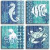 Ocean Life Theme Canvas Wall Art for Bathroom Decor Seahorse Octopus Crab Fish Underwater World Pictures Prints Navy Blue Painting Framed Artworks for