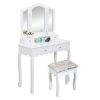 Makeup Vanity Table, Trifold Mirror, Wooden Dresse With Stool&4 Drawers XH