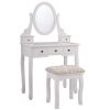 Makeup Desk Vanity Dressing Table Set W/ Round Mirror Stool 5 Storage Drawers