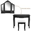 Tri-fold Mirror Dresser with Dressing Stool Black--YS