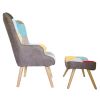 Chair and Ottoman, Accent Chairs for Bedroom, Modern Colourful and Patchwork Reading Chair with Solid Wood Legs, Linen Fabric Napping Armchair for Liv