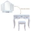 Tri-fold Mirror Dresser with Dressing Stool White--YS