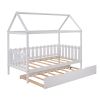 Twin Size House Bed with trundle, Fence-shaped Guardrail, White