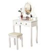 Vanity Table Set w/ 12 LED Bulbs & Cushioned Stool, Makeup Dressing Table w/ Lighting Mirror & 5 Drawers, Removeable 360Â° Rotating Mirror, Modern Wri